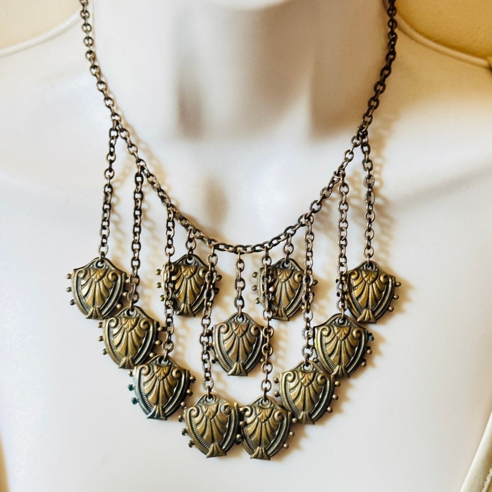 VTG Art Deco Gilt Waterfall Bib Necklace Victorian Revival Fringe Brass Chain